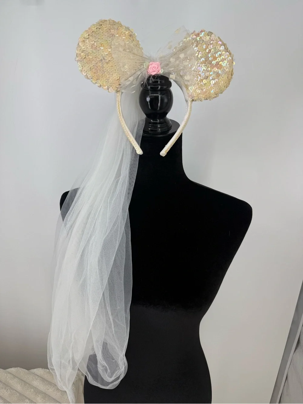 Disney Sequin Mouse Ear Headband with White Veil and Pink Rose